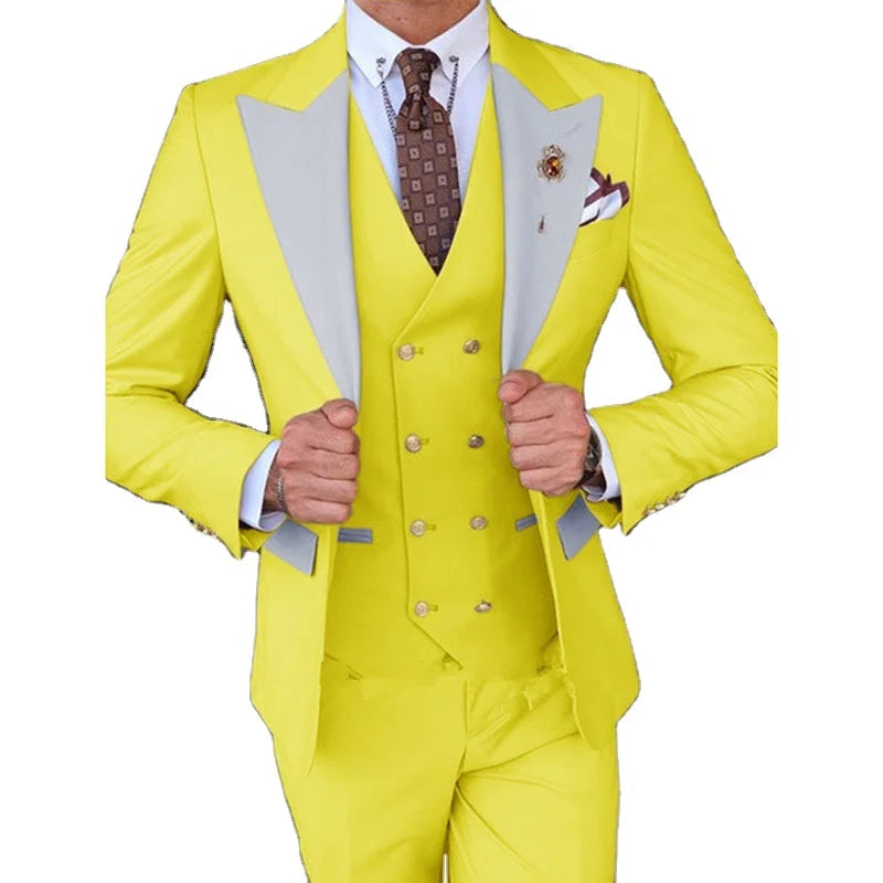 Classic Peach Groom Tuxedo Groomsmen Gold Buttons Shawl Lapel Vest Men Suit Wedding Men's Blazer Costume