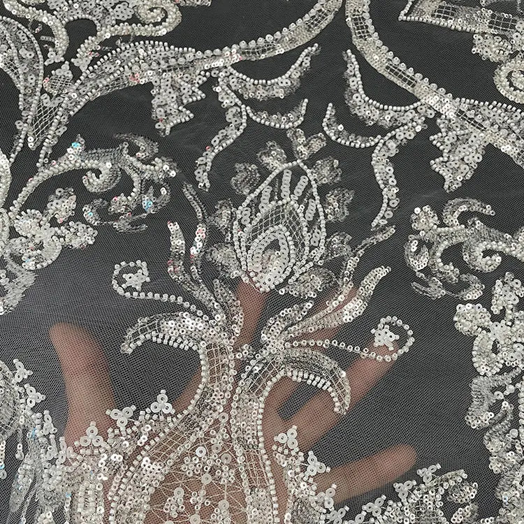 French Tulle Wedding Sequin Lace Fabric Fashionable White Embroidery Bridal Beaded Lace Fabrics for Dress