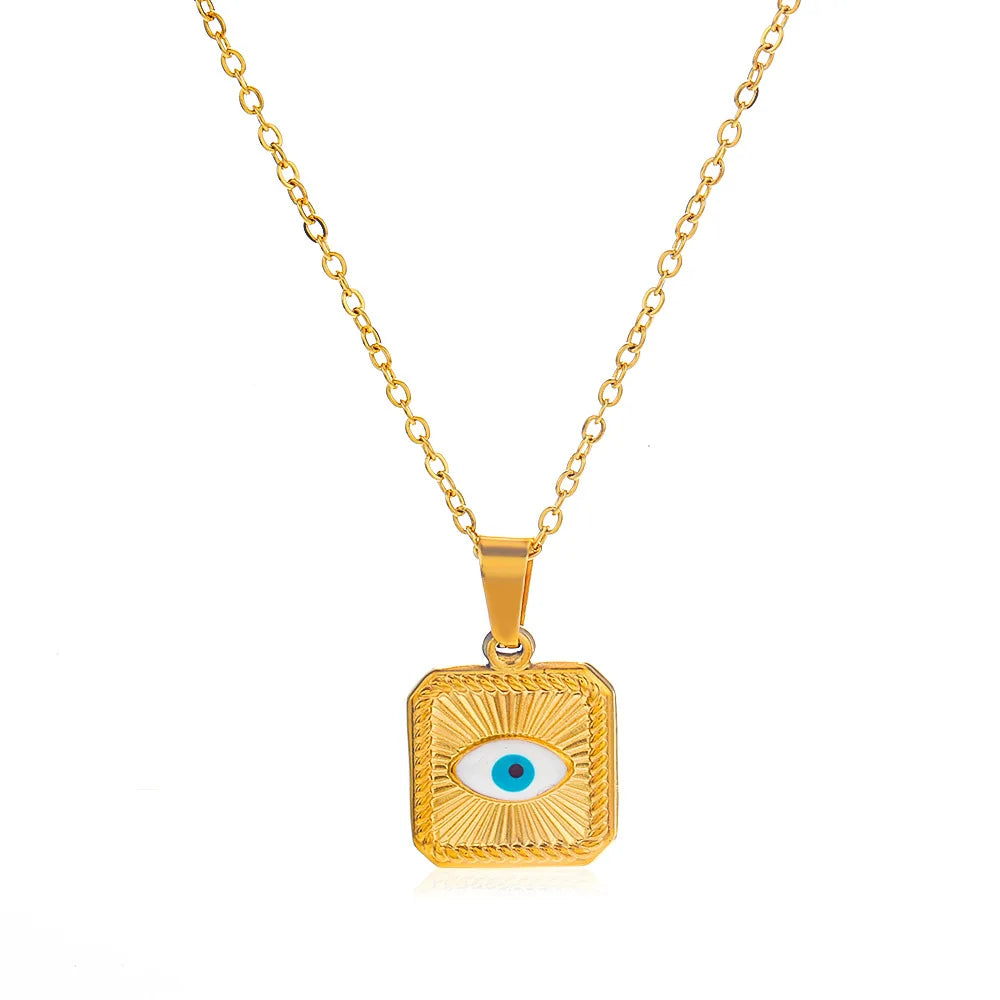 Shescity Trendy Gold Plated Stainless Steel Necklace Devil's Eye Designer Square Charm Pendant Jewelry for Gifts