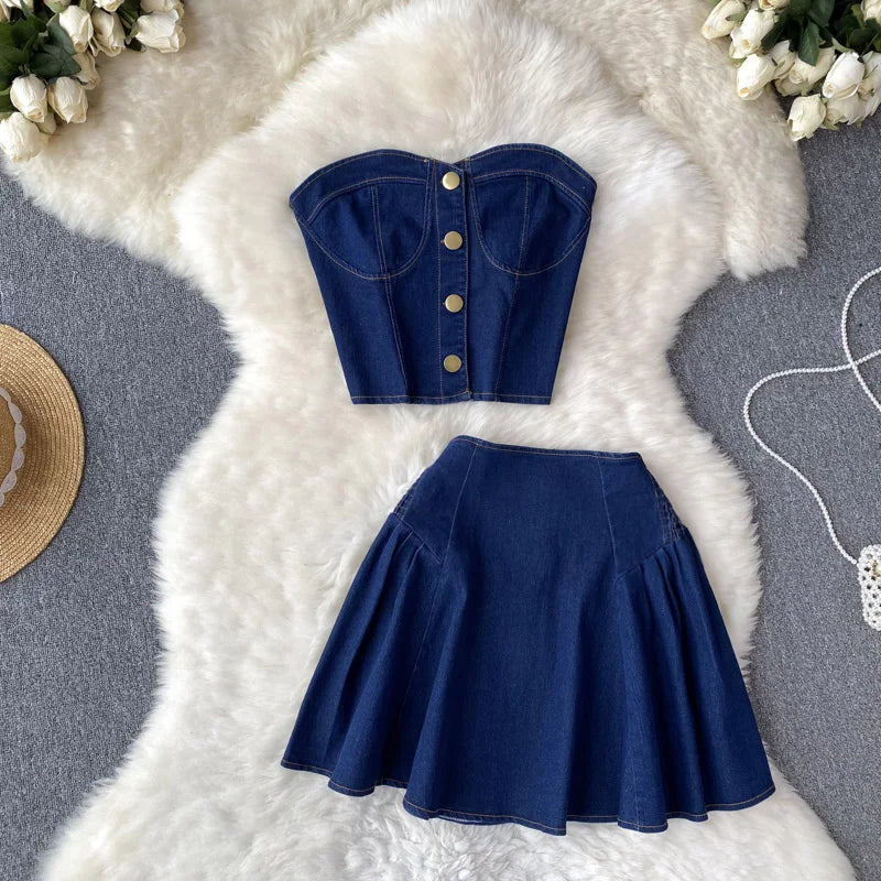 Women's Sets Summer Tops High Waist Denim Y2K Skirt Set Ropa Wholesale