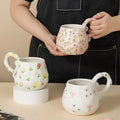 M French Style Hand Drawn Butterfly Bow with Floral Patterns Ceramic Cup with Large Handle Drinking Cup