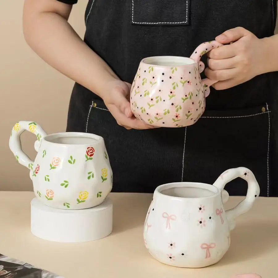 M French Style Hand Drawn Butterfly Bow with Floral Patterns Ceramic Cup with Large Handle Drinking Cup