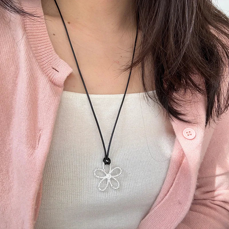 Boho Chic Leather Necklace Adjustable Black Cord with 925 Sterling Silver Floral Pendant Earthy yet Edgy Fine Jewelry