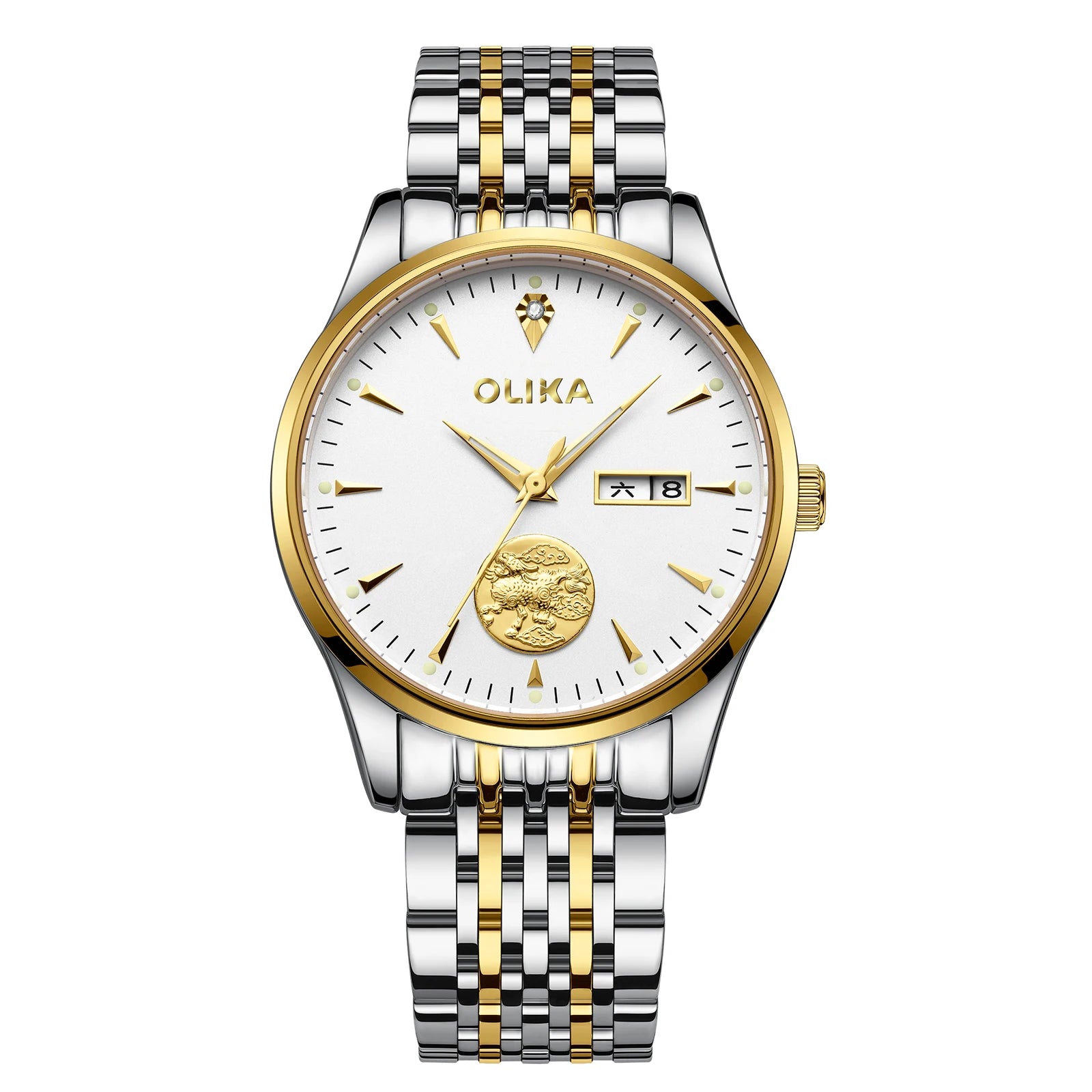OLIKA Men's New Double Calendar Automatic Mechanical Watch Business Style Waterproof with Stainless Steel Band 22mm Width