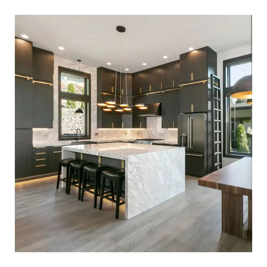 NICOCABINET Custom Black Gold Contemporary Modular Kitchen Cabinet Plywood Carcase Soft Closing Hinges Faucet Drawer Slide