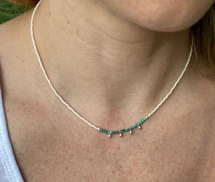 Zooying Tiny Bead Bohemian Dainty Turquoise Beaded Beach Choker Necklace Jewelry