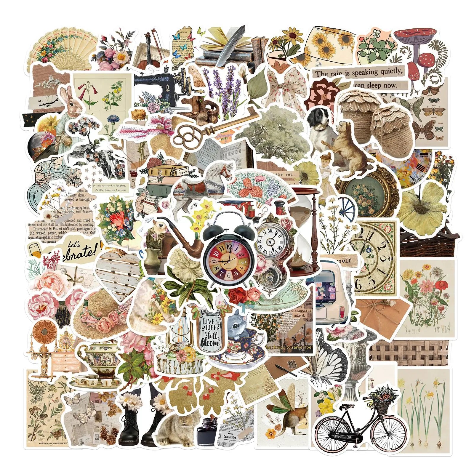 100Pcs Cartoon Vintage Old Time Fresh Decorative Stickers for Girl Laptop Scrapbook Window Waterproof Retro Art Sticker