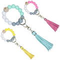 Food Grade Silicone Bead Wrist Straps Wristlet Keychain for Women Wooden Carve Evil Eyes Leather Tassel Bangle Bracelet Keychain