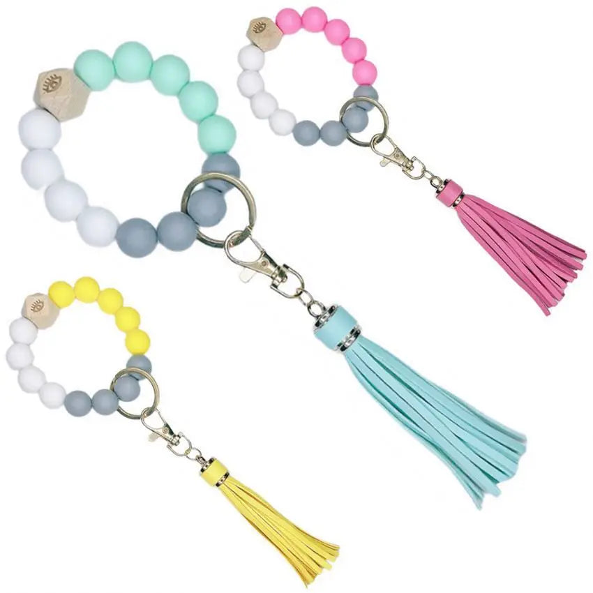Food Grade Silicone Bead Wrist Straps Wristlet Keychain for Women Wooden Carve Evil Eyes Leather Tassel Bangle Bracelet Keychain