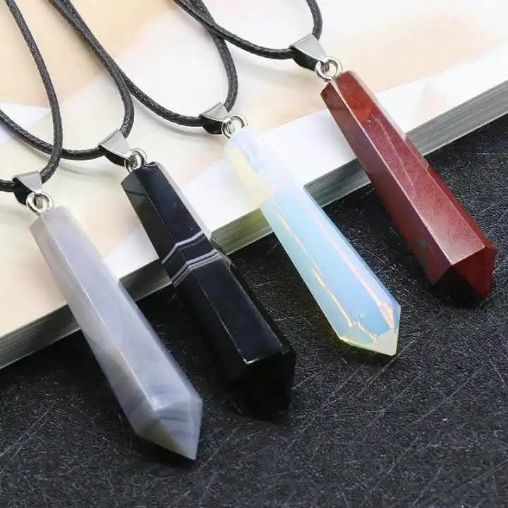 Natural Stone Gemstone Bullet Shape Healing Pointed Chakra Beads Crystal Quartz Stone Charms Pendants With 18 Black Rope