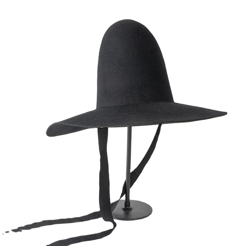 Ready to Ship New Men Women Black Wool Felt Hats Women Wide Brim Fedora Hats 22cm Hight Conical Hats