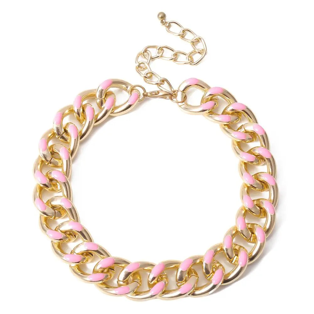 HOVANCI Women Gold Plated Colorful Enamel Collar Jewelry Thick Link Choker Necklace Color Chunky Chain Necklace