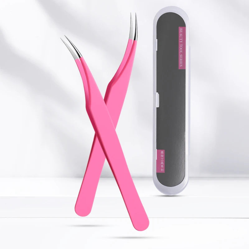 Professional Pink Stainless Steel Eyebrow Tweezers Dolphin Clip Eyelash Applicator Eyelash Extension Slanted Pointed Volume