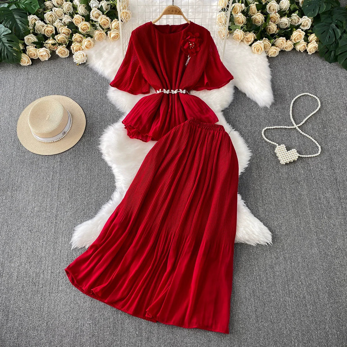 One Size SUIT Waist Slimming V-neck Short Sleeved Top+high Waisted Skirt Two-piece Set