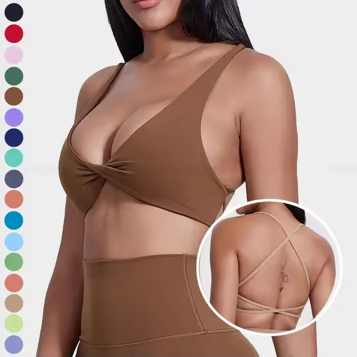 Womens Twist Yoga Crop Tops Cross Open Back  Women's Scrunch Front V  Gym Yoga Wrap Top