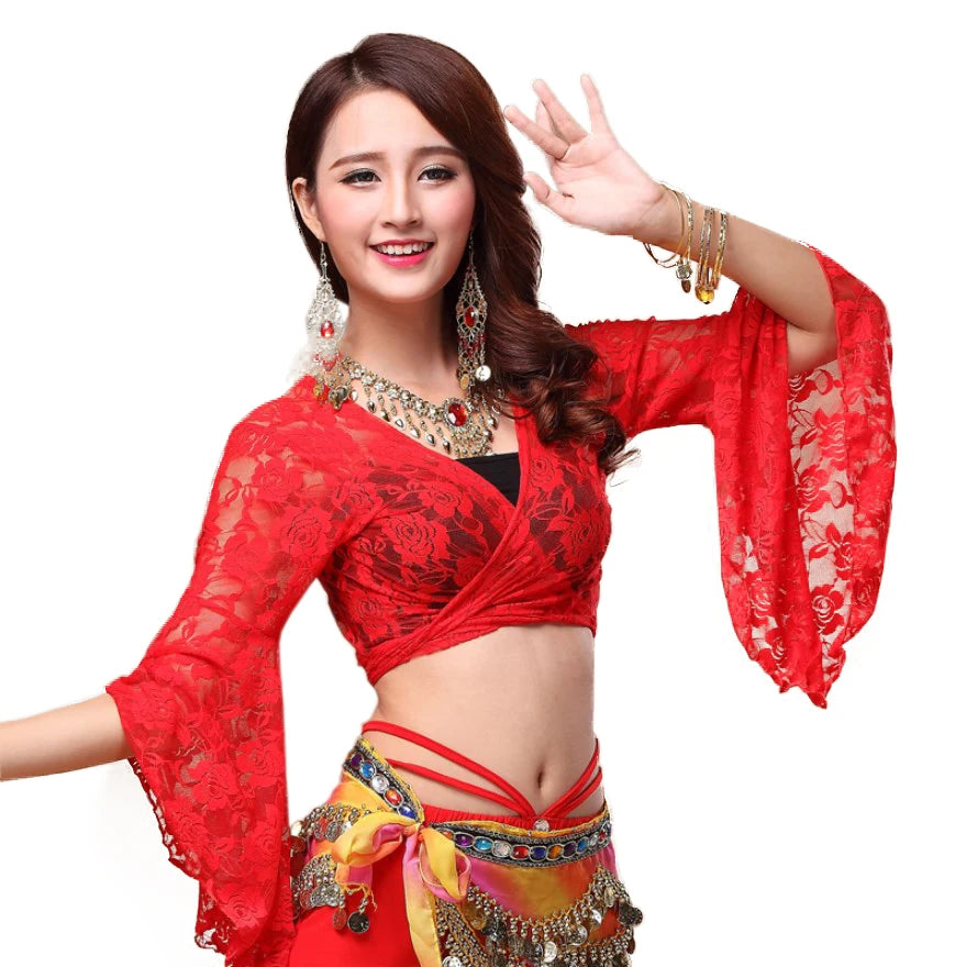 Classical Breathable Belly Dance Lace Fabric Lotus Leaf Middle Sleeve Top