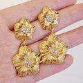 Ilona Retro Floral Double Layer Drop Earrings 18K Gold Plated Copper CZ Paved Studs Vintage Botanical Everyday Occasion Jewelry
