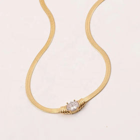 Women Minimalist Fashion Design Jewelry 18k Gold Plated Stainless Steel Snake Chain Cubic Zircon Pendant Necklace