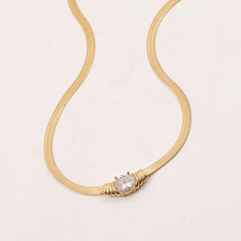 Women Minimalist Fashion Design Jewelry 18k Gold Plated Stainless Steel Snake Chain Cubic Zircon Pendant Necklace