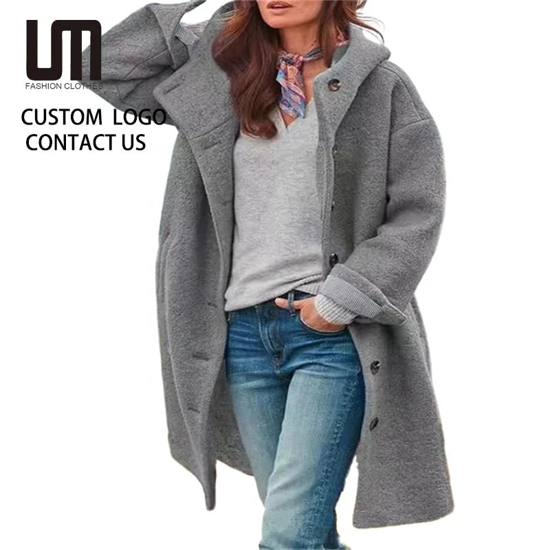 2025 Hot Trend Wholesale Women Wool Blend Trench Coat - Long Sleeve Hooded Cardigan with Pockets (Outerwear for Autumn Winter)