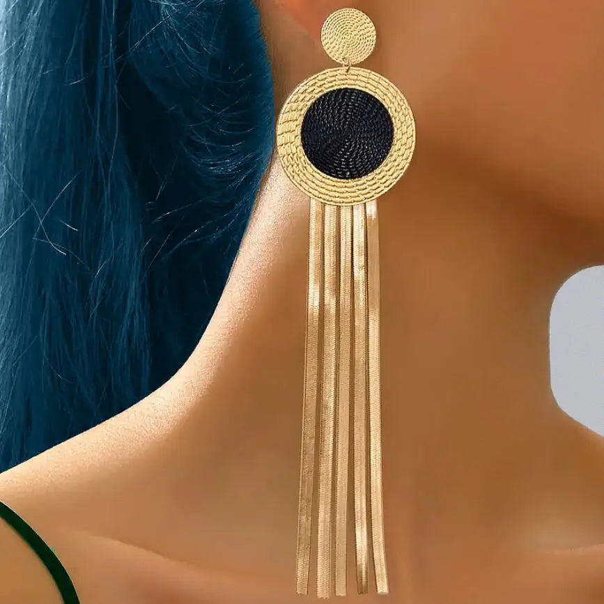 2025 New Arrival Fashion Jewelry Fashionable Exaggerated Tassel Earrings Black Discs Classic Long Chain Tassel Round Earrings