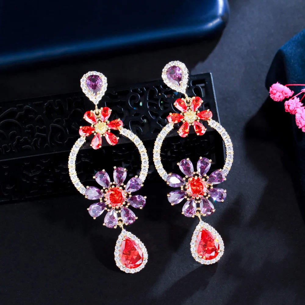 Sparkly Purple Red Cubic Zircon Crystal Water Drop Flower Long Earrings for Women Elegant Gold Plated Party Wedding