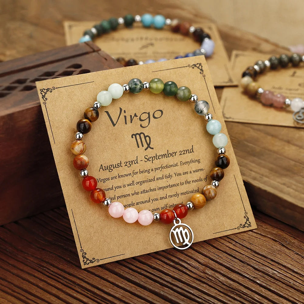 Wholesale 12 Constellations Healing Crystal Stone Zodiac Horoscope Charm Beaded Bracelets