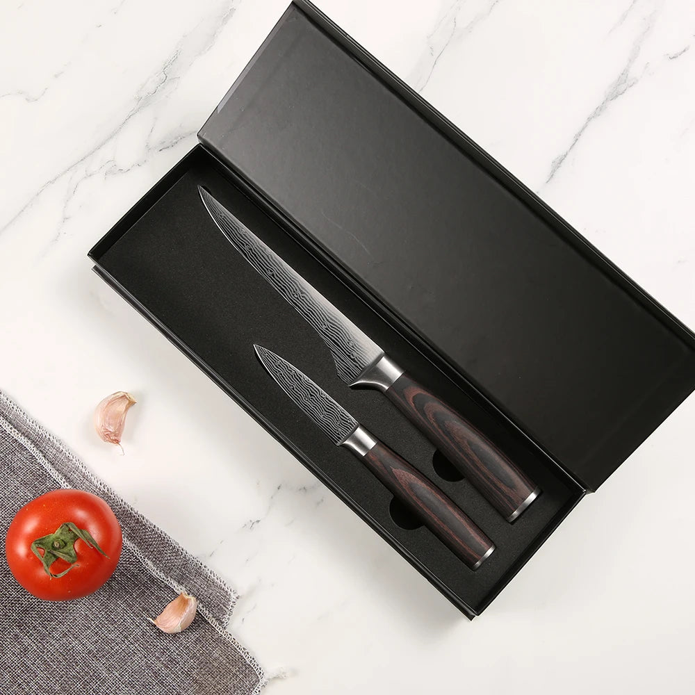 Modern Pakka Wood Handle Stainless Steel Damascus Knife Set Includes Boning Paring Knives Gift Box 2-Piece Ambidextrous