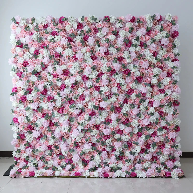 A-1575 Wholesale Wedding Stage Decoration Artificial Silk Rose Flower Wall Panel Backdrop Cheap Fake Roll up Flower Wall
