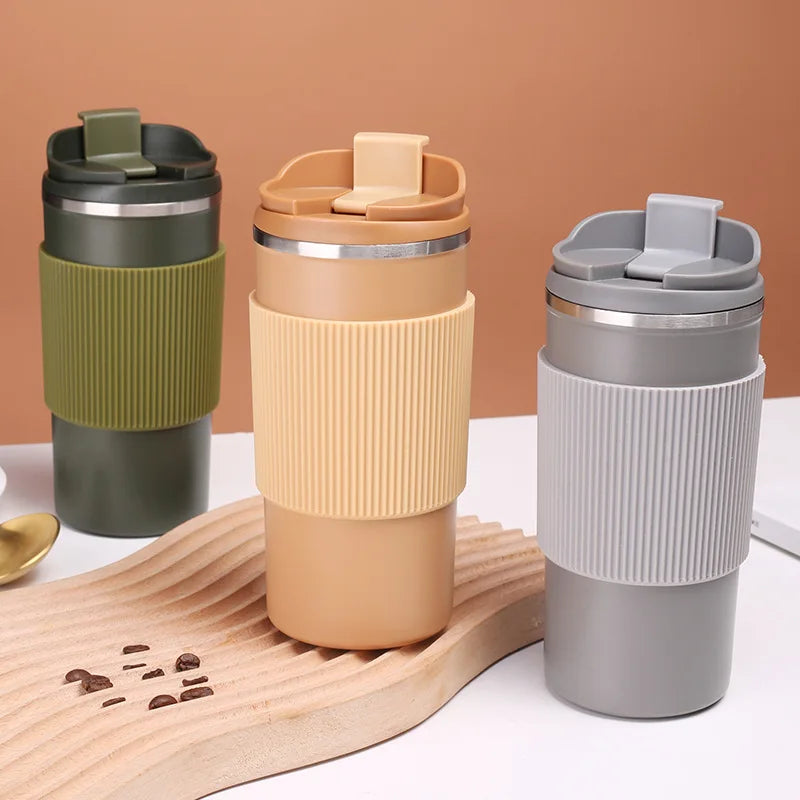 Travel Grip Coffee Mug 450ML 18/8 SS304 Stainless Steel Drink Ware Custom Tumbler Thermal Double Wall Coffee Cups with Silicone