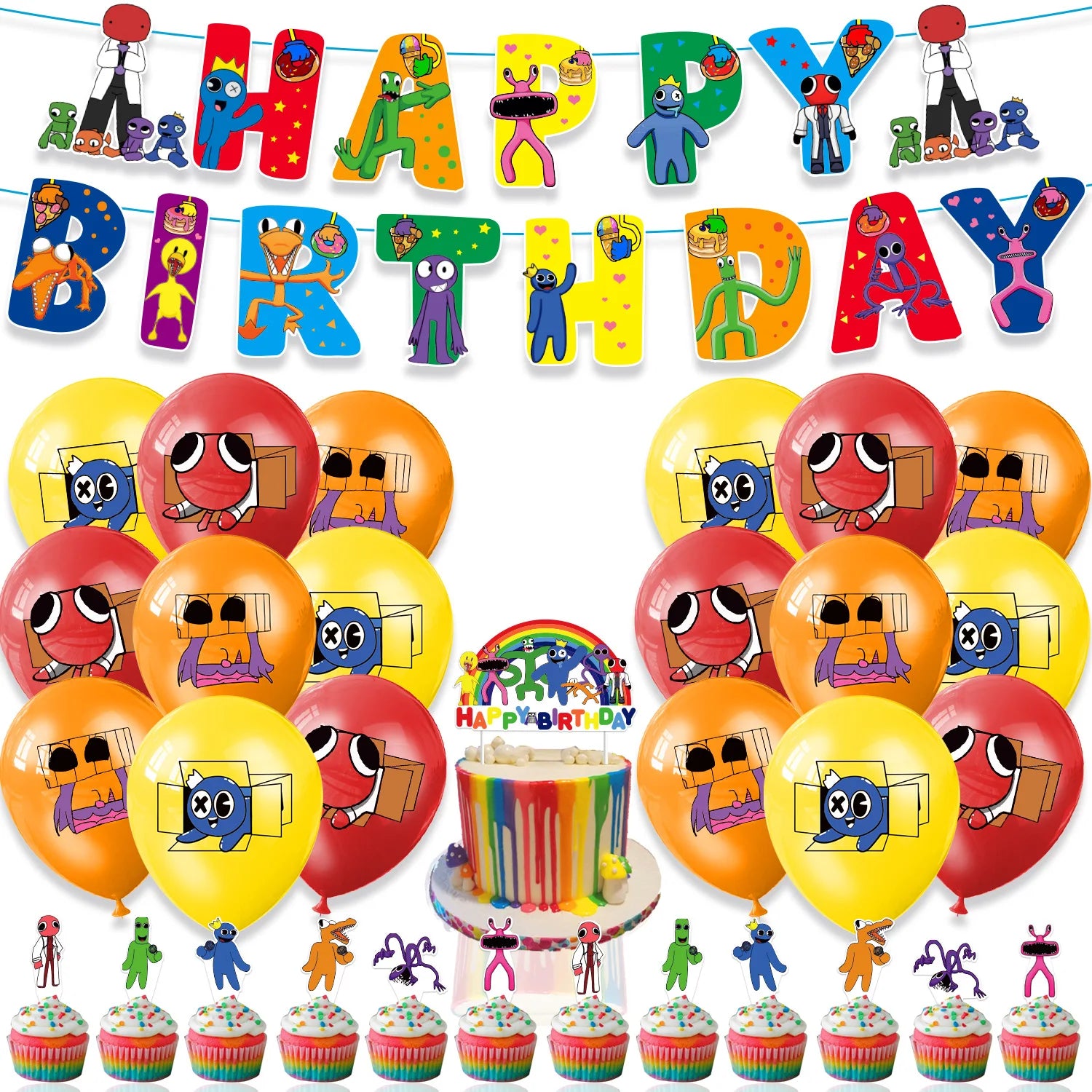 Fitspi Rainbow Friends Theme Birthday Party Decoration Rainbow Style Flag Bunting Cake Cupcake Toppers Balloon Kids Party
