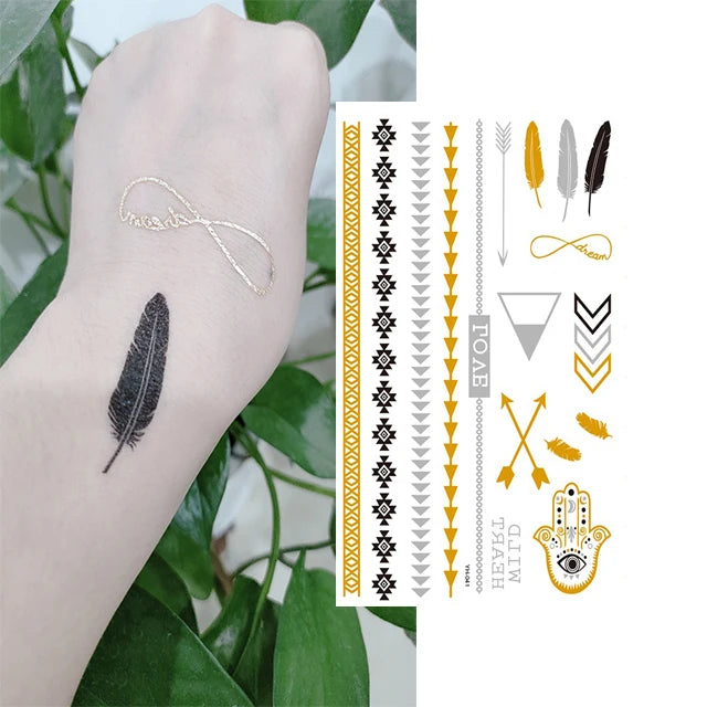 Runzio YH001-040 Waterproof Metallic Gold Henna Temporary Tattoo Stickers for Women 148x210mm Lasting 3-7 Days