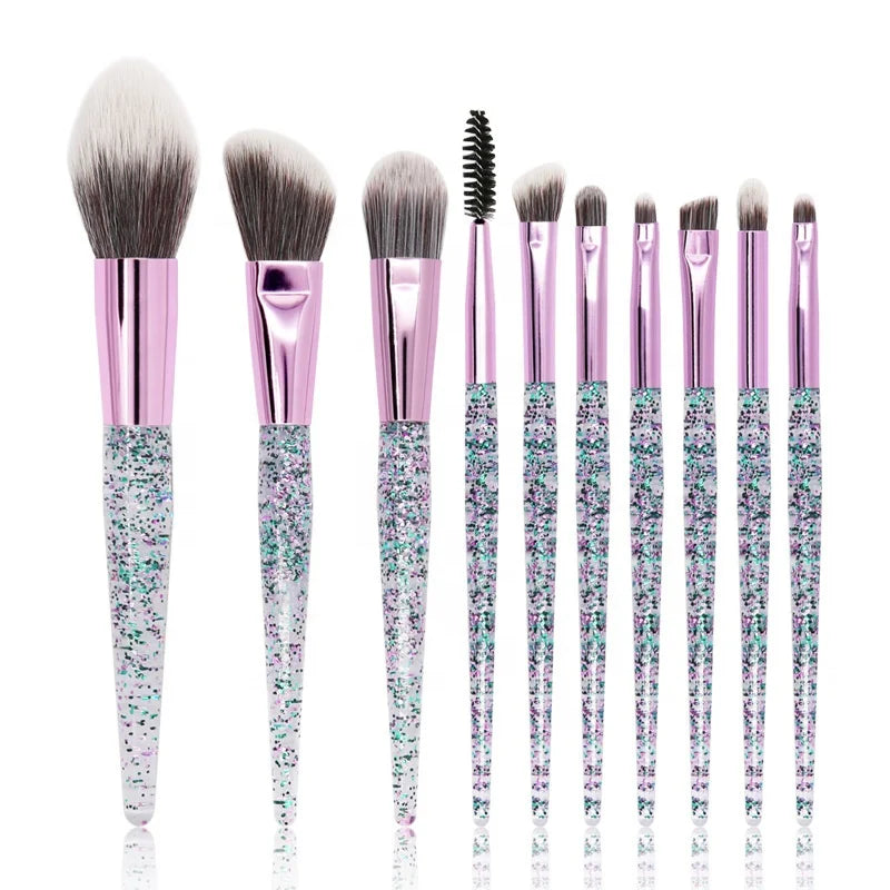 Top Brand 10 PCS Liquid Makeup Brush Set with Pouch Glitter Cosmetic Brushes for Face Used with Shaving Brush