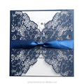 Dark Blue Lace Invitation Card Laser Wedding Invitations and Custom Laser Cut Birthday Invitation Cards with Ribbon Knots