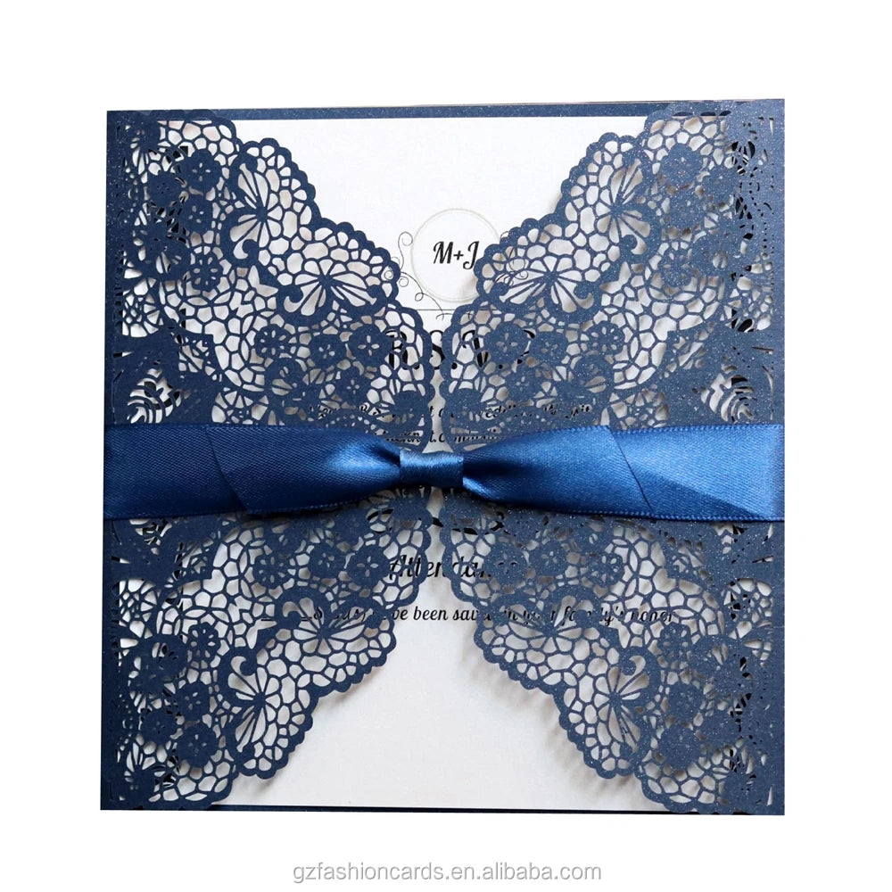 Dark Blue Lace Invitation Card Laser Wedding Invitations and Custom Laser Cut Birthday Invitation Cards with Ribbon Knots