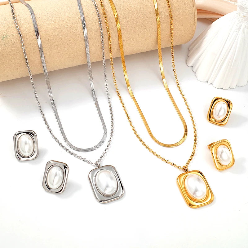 Italian Luxury Designer 18K Gold Plated Geometric Square Pearl Pendants Earrings Wholesale Stainless Steel Jewelry Set Weddings
