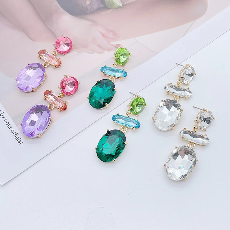 Trendy Colorful Gemstone Diamond Oval Dangle Earrings Glass Geometric Earrings Fashion Jewelry
