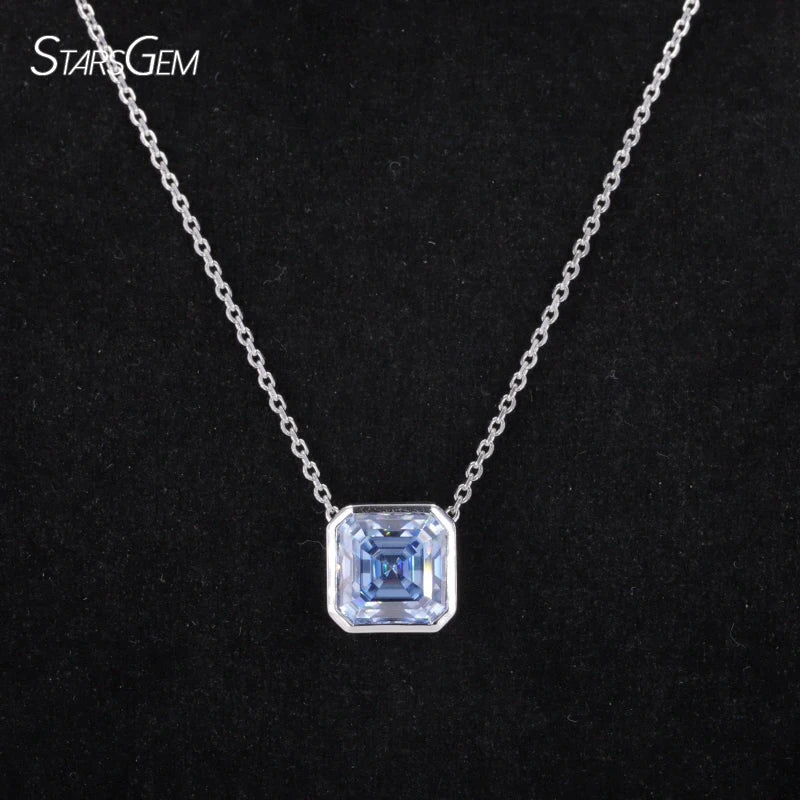 Starsgem Royal Blue Moissanite Asscher Cut 9X9mm S925 Silver Rope Chain Necklace for Women's