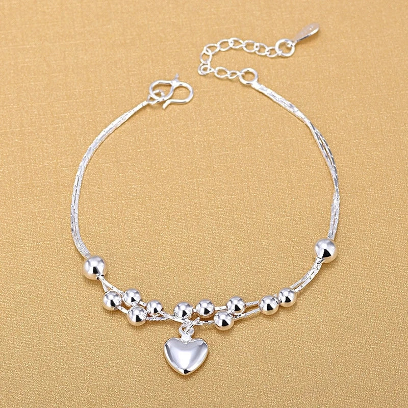 Silver 925 Double Layer Twist Chain Bracelet Fashion 925 Sterling Silver Big Heart Charm Bracelet for Women Jewelry