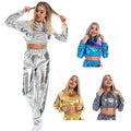 Women's Bright Leather Sexy Leak Navel Long-sleeved Hooded Pullover Short Jacket Color-blocking Trousers Ladies Stitching Pants