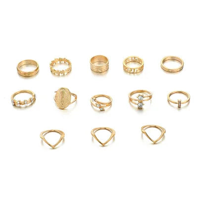 New Style Creative English Our Lady Women Diamond Ring Simple Pattern Joint Ring Leaves 13-piece Sets Gold Ring MegaBDM