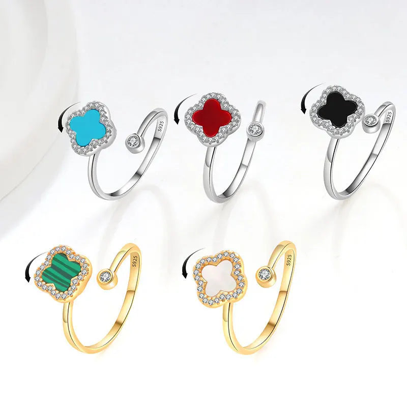Daidan Spinning Ring Anxiety Silver 925 Agate Malachite Shell Lapis Lazuli Adjustable Clover Rotating Ring