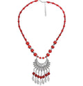Red Beaded Chain Necklace Bohemian Vintage Silver Color Leaf Tassel Necklace Handmade Jewelry for Women