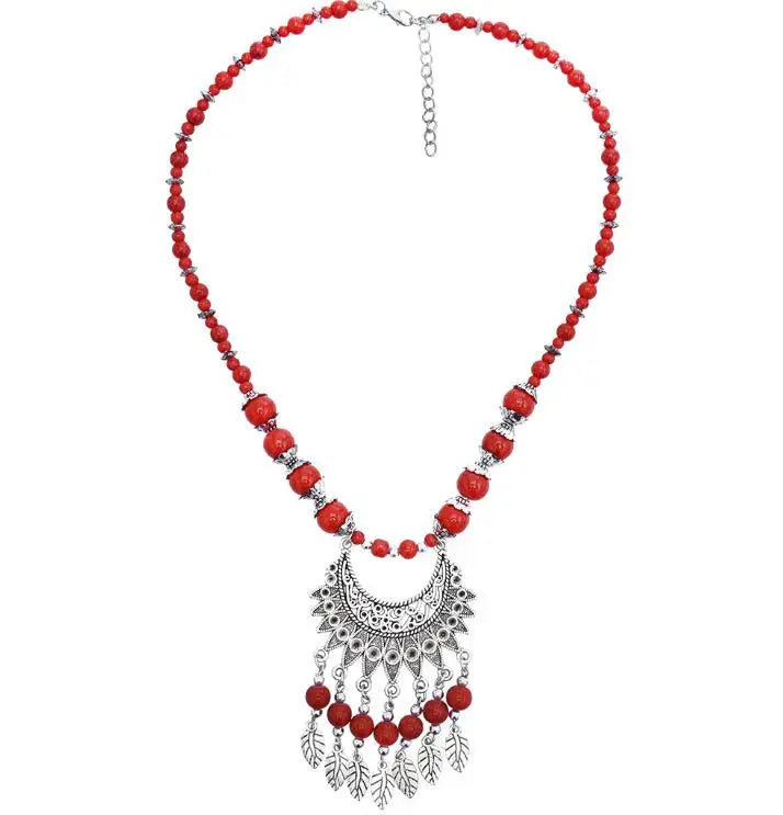 Red Beaded Chain Necklace Bohemian Vintage Silver Color Leaf Tassel Necklace Handmade Jewelry for Women