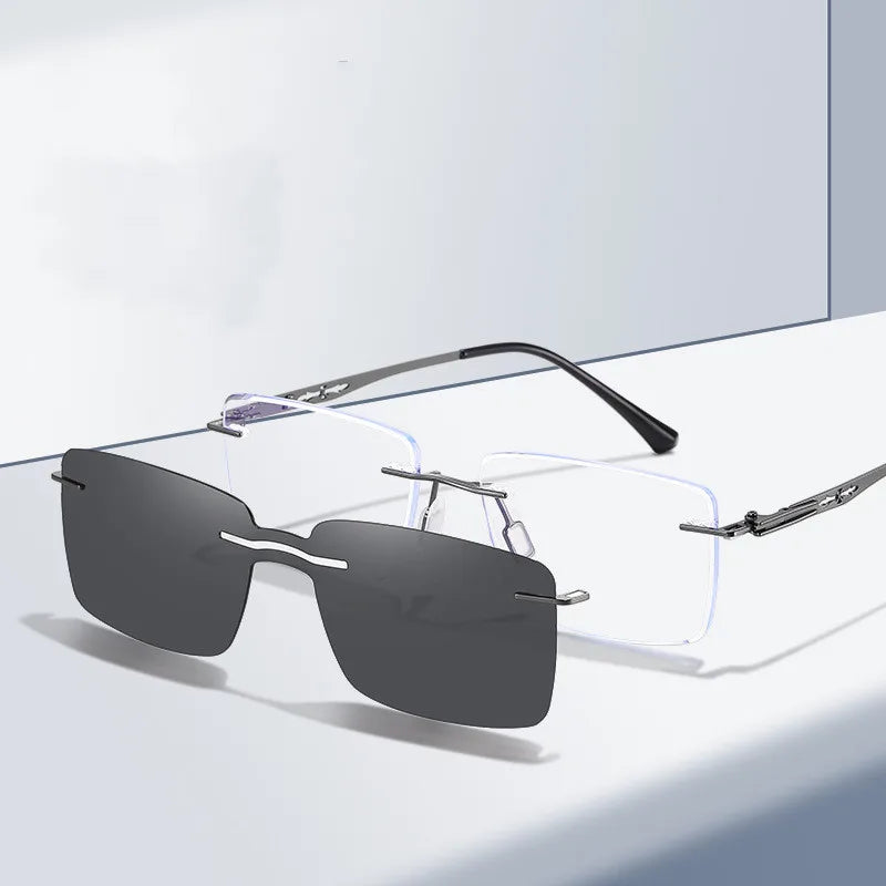 Prescription Metal Frame Random Switching Square Rimless Glasses Driving TAC Polarized UV400 Magnetic Clip on Shades Sunglasses