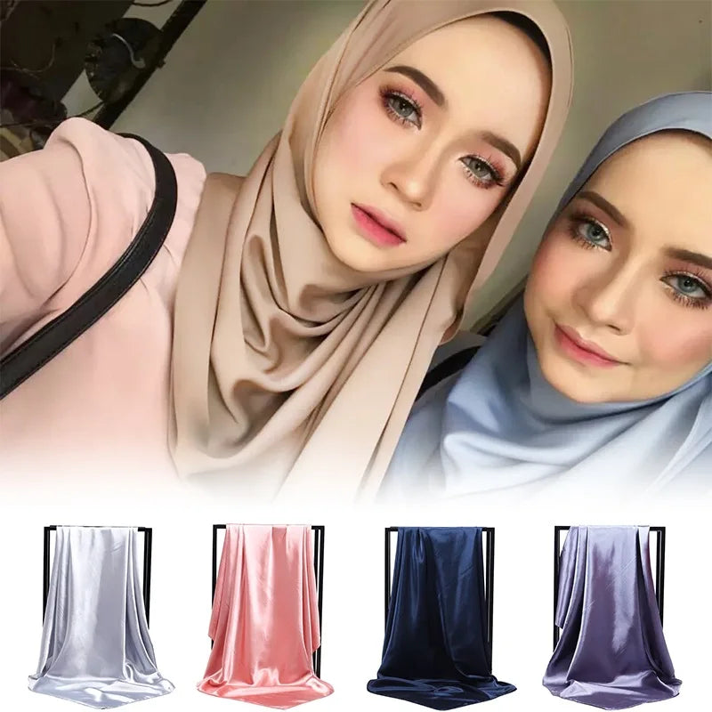 Ethnic Monochrome 90cm Wrap Headscarf Pure Color Square Silk Scarf Plaid Pattern for Travel Sunscreen Muslim Gauze Headscarf