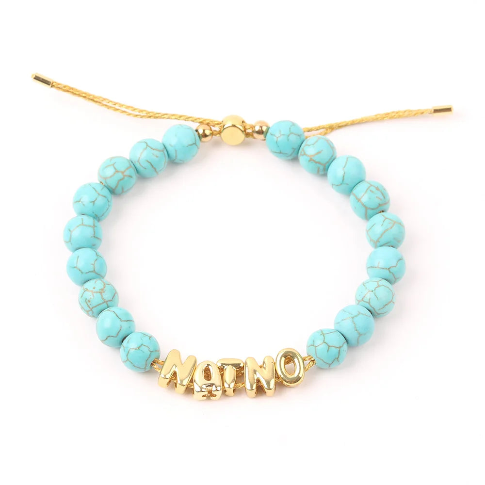 Fashion Custom Kids Initial Charm 14k Gold Natural Stone Bead Enamel Letter Bracelet for Women