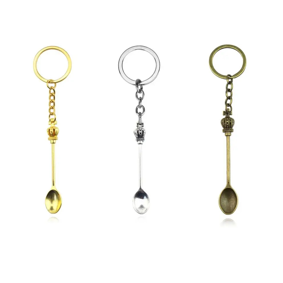Metal Key Chain 57*9mm Kitchen Crown Spoon Keychain Teaspoon Pendant Necklace Key Ring 3D Mini Teaspoon Key Chains Spoon Keyring