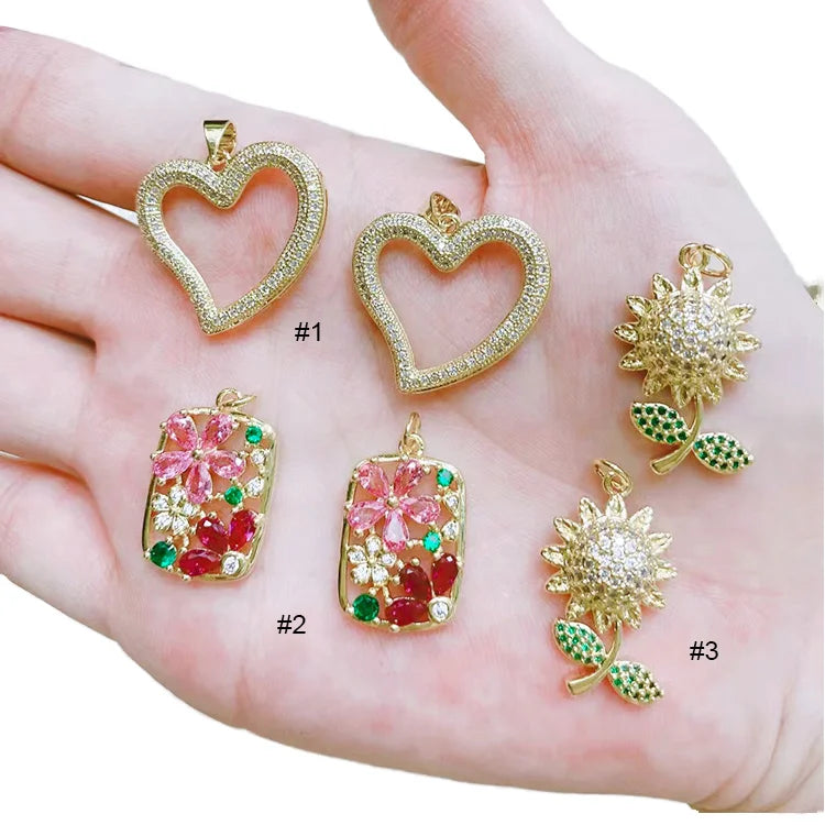 CZ8354 18K Gold Plated Brass Colored CZ Cubic Zirconia  Micro Pave Heart Daisy Charms  Pendant