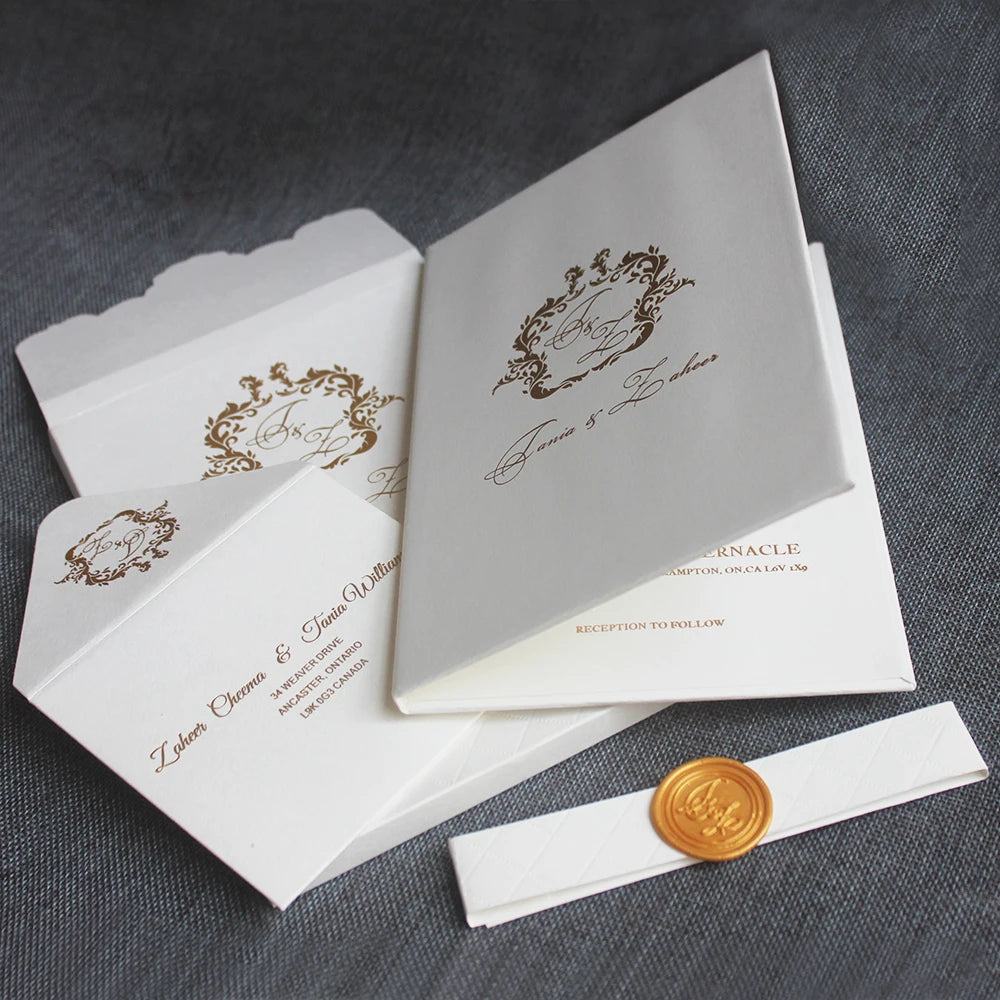 Affordable Book Style Hard Cover Wedding Invitations with Wax Seal with Quilt Embossing Pattern